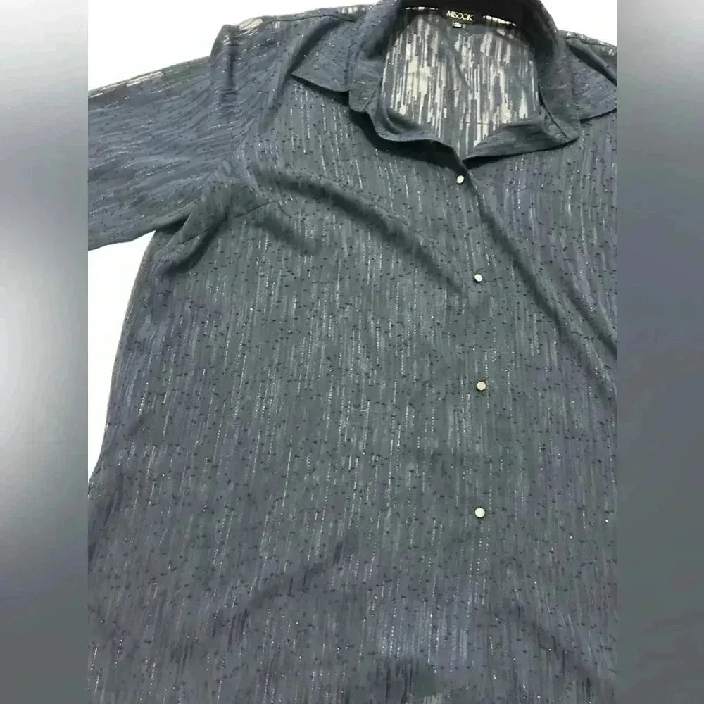 Misook Sheer Metallic Threaded Button Up Blouse Xl - image 2